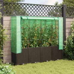 Upphöjd odlingslåda med växthusöverdrag i rottinglook | Storlek: 160x40x153 cm