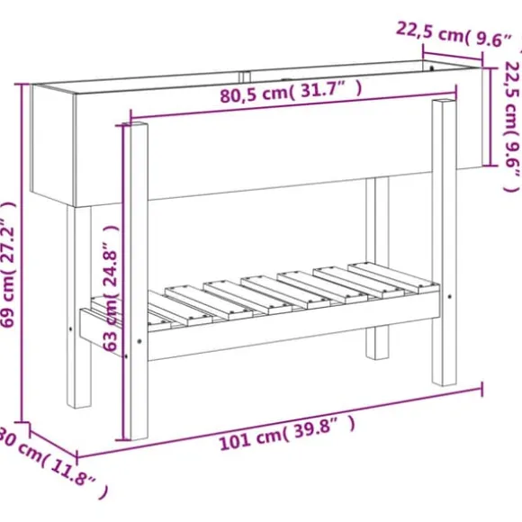 Upphöjd odlingslåda på ben i massiv furu | Storlek: 101x30x69 cm | Färg: Naturlig träfinish