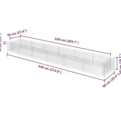 Upphöjd planteringsgabion av galvaniserat stål - Trädgårdsgabion | Storlek: 540x90x50 cm | Färg: Silver