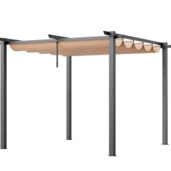 Utfällbar pergola 10'x10' med solskyddstak i aluminium, beige, hållbar, enkel installation, perfekt för trädgård och uteplats