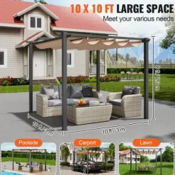 Utfällbar pergola 10'x10' med solskyddstak i aluminium, beige, hållbar, enkel installation, perfekt för trädgård och uteplats