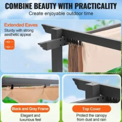 Utfällbar pergola 10'x10' med solskyddstak i aluminium, beige, hållbar, enkel installation, perfekt för trädgård och uteplats