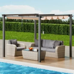 Utfällbar pergola 10'x10' med solskyddstak i aluminium, beige, hållbar, enkel installation, perfekt för trädgård och uteplats