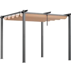 Utfällbar pergola 10'x10' med solskyddstak i aluminium, beige, hållbar, enkel installation, perfekt för trädgård och uteplats
