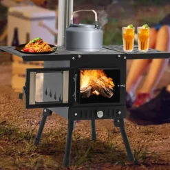 Utomhus campingkamin - Ved- och kolspis - Rökavledning med skorsten - Hopfällbar 31,5×22×21 cm - Kolstål & rostfritt, glas - Vikt 8 kg - Svart