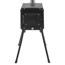 Utomhus campingkamin - Ved- och kolspis - Rökavledning med skorsten - Hopfällbar 31,5×22×21 cm - Kolstål & rostfritt, glas - Vikt 8 kg - Svart