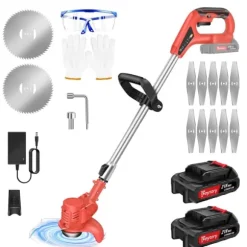 21V Elektrisk Sladdlös Grästrimmer, Kraftfull Motor, Justerbar Längd,två batterier, Röd