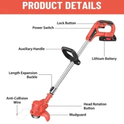 21V Elektrisk Sladdlös Grästrimmer, Kraftfull Motor, Justerbar Längd,två batterier, Röd
