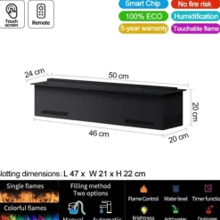 Vattenånga Kamin, 3D Färgad Låga, Luftrening Funktion,500mm 19.68in, Färgglad flamfärg