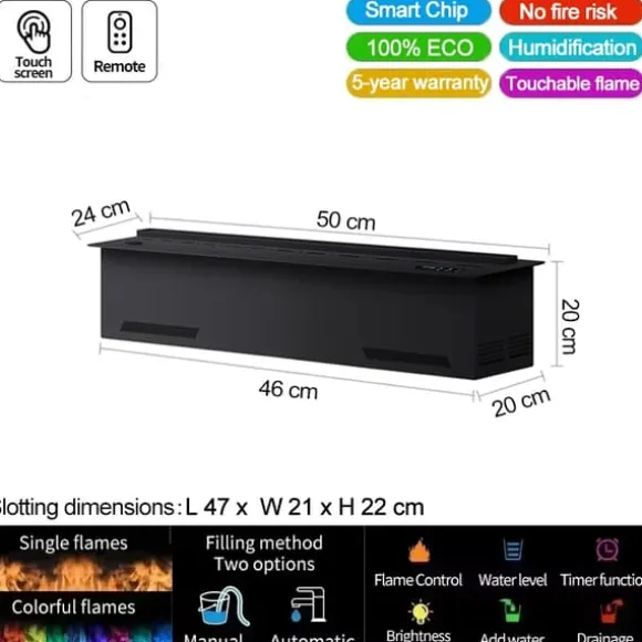 Vattenånga Kamin, 3D Färgad Låga, Luftrening Funktion,500mm 19.68in, Färgglad flamfärg