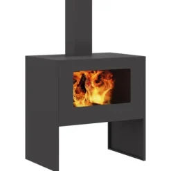 Vedeldad eldhäll med skorsten - Utomhus eldstad i svart stål | Storlek: 60x40x96 cm