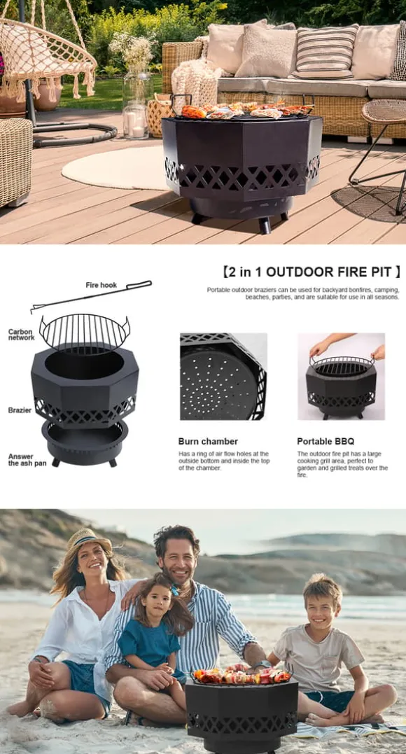 Vedeldad eldstad, mångsidig matlagningsgrill, bärbar design, hållbar konstruktion