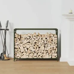 Vedställ i olivgrön kallvalsat stål - Stabil vedhållare | Storlek: 90x28x65 cm