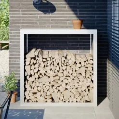 Vedställ i stål för vedförvaring - Hållbart och väderbeständigt | Storlek: 100x40x100 cm | Färg: Vit