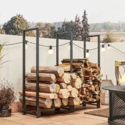 Vedställ kaminved stål svart 123x32x115 cm, 2 fack, 3 krokar, inomhus/utomhus, upp till 200 kg