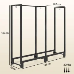 Vedställ kaminved stål svart 123x32x115 cm, 2 fack, 3 krokar, inomhus/utomhus, upp till 200 kg