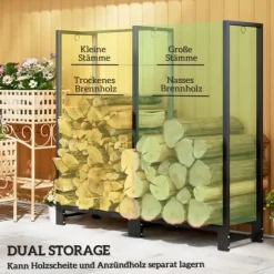 Vedställ kaminved stål svart 123x32x115 cm, 2 fack, 3 krokar, inomhus/utomhus, upp till 200 kg