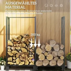 Vedställ kaminved stål svart 123x32x115 cm, 2 fack, 3 krokar, inomhus/utomhus, upp till 200 kg