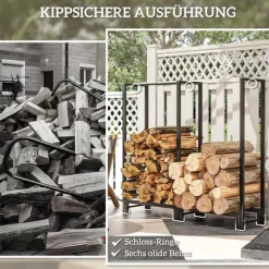Vedställ kaminved stål svart 123x32x115 cm, 2 fack, 3 krokar, inomhus/utomhus, upp till 200 kg