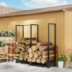 Vedställ kaminved stål svart 123x32x115 cm, 2 fack, 3 krokar, inomhus/utomhus, upp till 200 kg