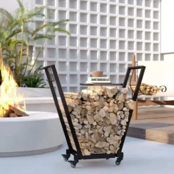 Vedställ med hjul 79×30×81 cm, metall, inkl. tändveds- & verktygskrokar