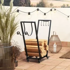 Vedställ med hjul 79×30×81 cm, metall, inkl. tändveds- & verktygskrokar