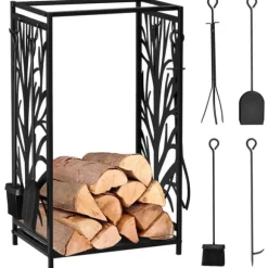 Vedställ med kaminverktyg 46×30×70 cm, stål svart – mysig eldstad