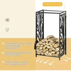 Vedställ med kaminverktyg 46×30×70 cm, stål svart – mysig eldstad