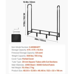 Vedställ, 122x32x118 cm, Svart, Metall, Utomhusförvaring