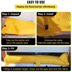 Översvämningsbarriär 12 ft lång x 12 in hög, sandsäckar, vattenavledande PVC-rör för hem, dörrar och garage.