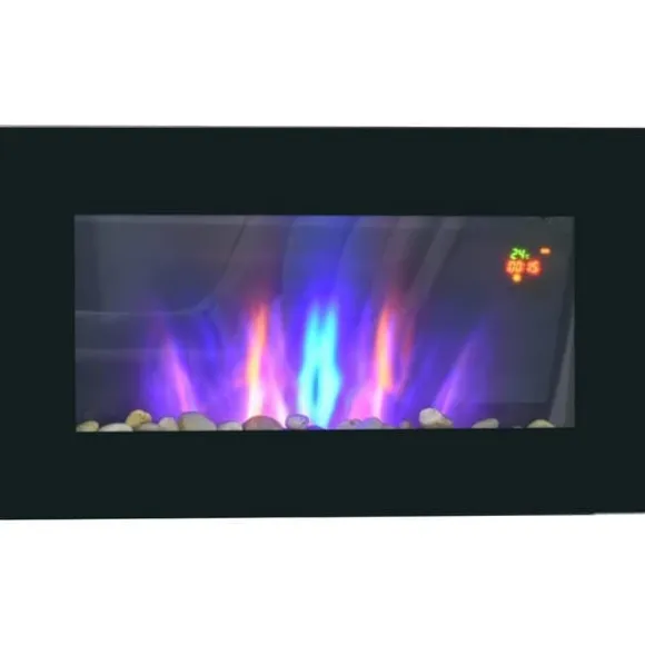 Väggkamin 1000/2000 W med LED-flammeffekt i 7 färger, fjärrkontroll, svart