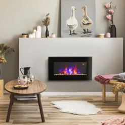 Väggkamin 1000/2000 W med LED-flammeffekt i 7 färger, fjärrkontroll, svart