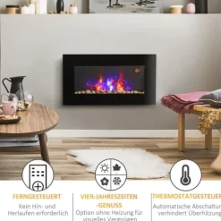 Väggkamin 1000/2000 W med LED-flammeffekt i 7 färger, fjärrkontroll, svart