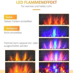 Väggkamin 1000/2000 W med LED-flammeffekt i 7 färger, fjärrkontroll, svart