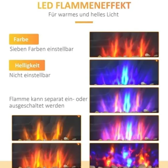 Väggkamin 1000/2000 W med LED-flammeffekt i 7 färger, fjärrkontroll, svart