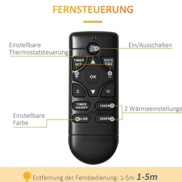 Väggkamin 1000/2000 W med LED-flammeffekt i 7 färger, fjärrkontroll, svart