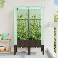 vidaXL Odlingslåda med växthusöverdrag rottinglook 80x40x140 cm