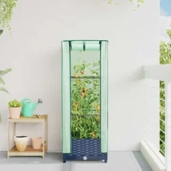 vidaXL Odlingslåda med växthusöverdrag rottinglook 40x40x123 cm