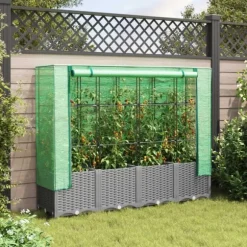 vidaXL Odlingslåda med växthusöverdrag rottinglook 160x40x138 cm