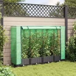 vidaXL Odlingslåda med växthusöverdrag rottinglook 160x40x123 cm