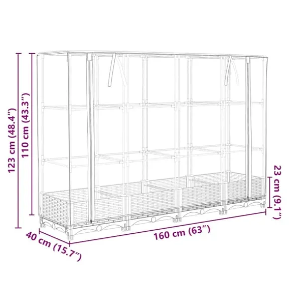 vidaXL Odlingslåda med växthusöverdrag rottinglook 160x40x123 cm