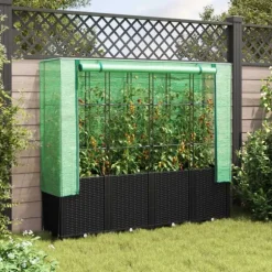 vidaXL Odlingslåda med växthusöverdrag rottinglook 160x40x153 cm