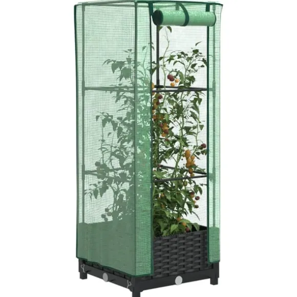 vidaXL Odlingslåda med växthusöverdrag rottinglook 40x40x123 cm