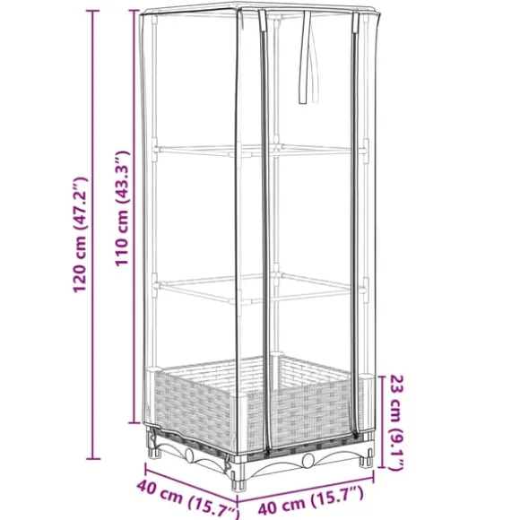 vidaXL Odlingslåda med växthusöverdrag rottinglook 40x40x123 cm