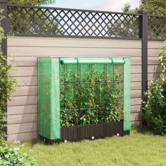 vidaXL Odlingslåda med växthusöverdrag rottinglook 120x40x123 cm