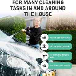 VONROC Högtryckstvätt 1800W – 140 Bar, 420 L/h, Uteplatsrengörare och Turbomunstycke, Med Diskmedelstank och Rengöringsnål