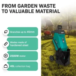 VONROC Kompostkvarn – 2500W – Strimlar grenar upp till Ø45mm – Med 45L uppsamlingspåse & säkerhetsskydd