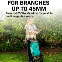VONROC Kompostkvarn – 2500W – Strimlar grenar upp till Ø45mm – Med 45L uppsamlingspåse & säkerhetsskydd