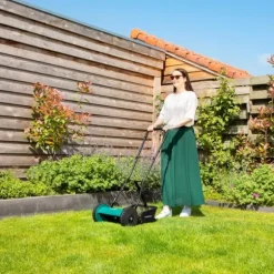 VONROC Manuell Gräsklippare 300mm – Tyst & Miljövänlig, Justerbar Klipphöjd, 14L Gräsfångare och Väggfäste