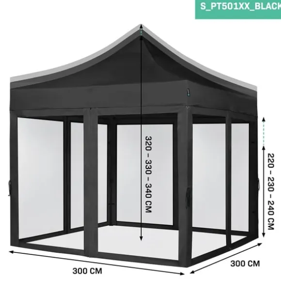 VONROC Partytält 3x3 m – Modulär Design med Sidoväggar & Myggnät – Vattentåligt & UV-skydd – Enkel Montering – Svart